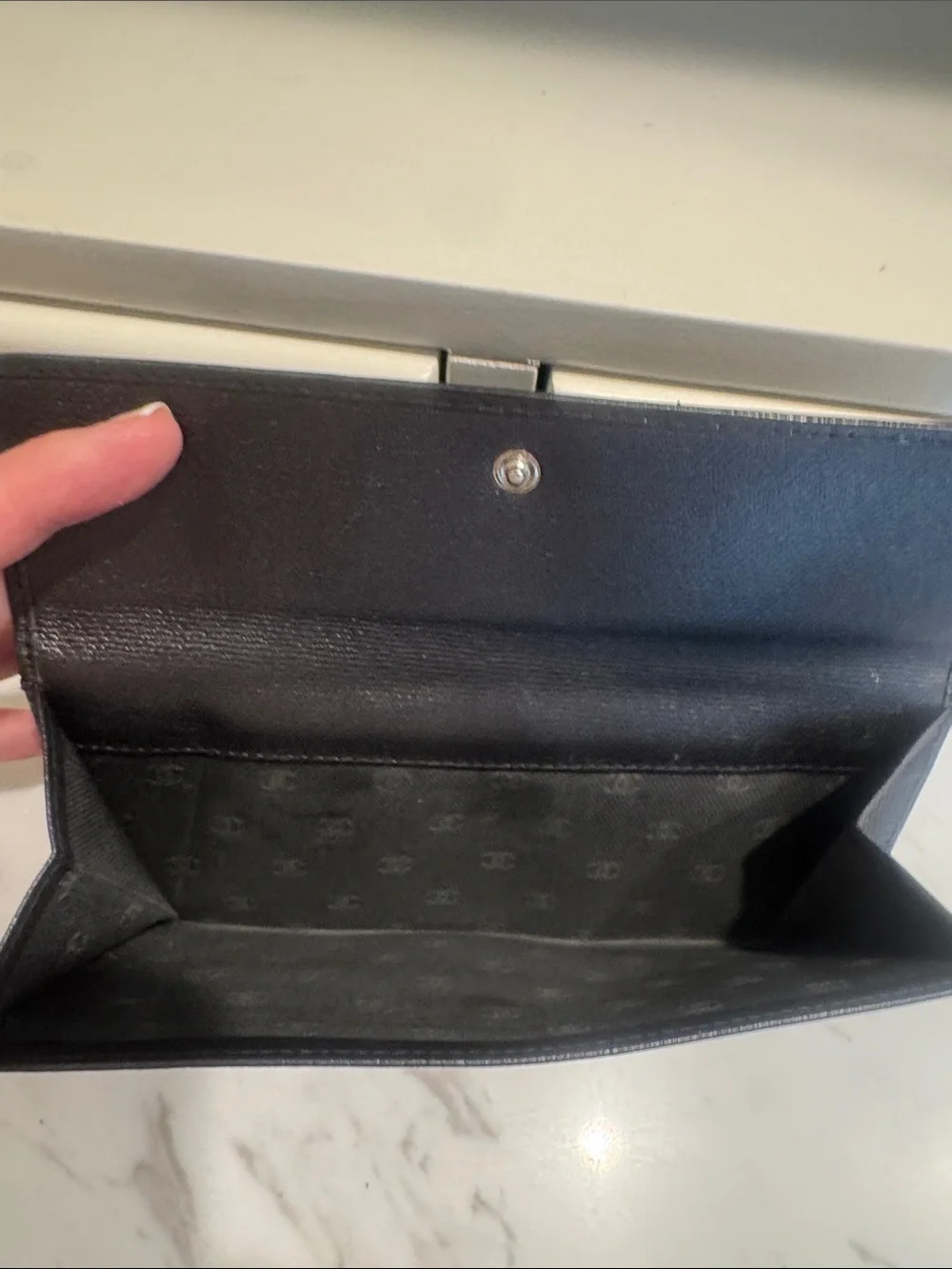 CHANEL Black Leather Long Wallet with CC Button Strap